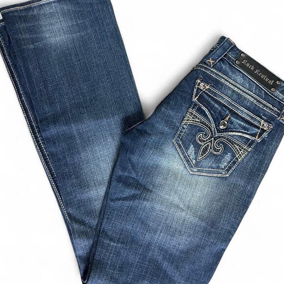 Rock Revival Size 30x34 Sora Boot Cut Jeans - Blue Flare Denim with Embellished - Picture 2 of 7